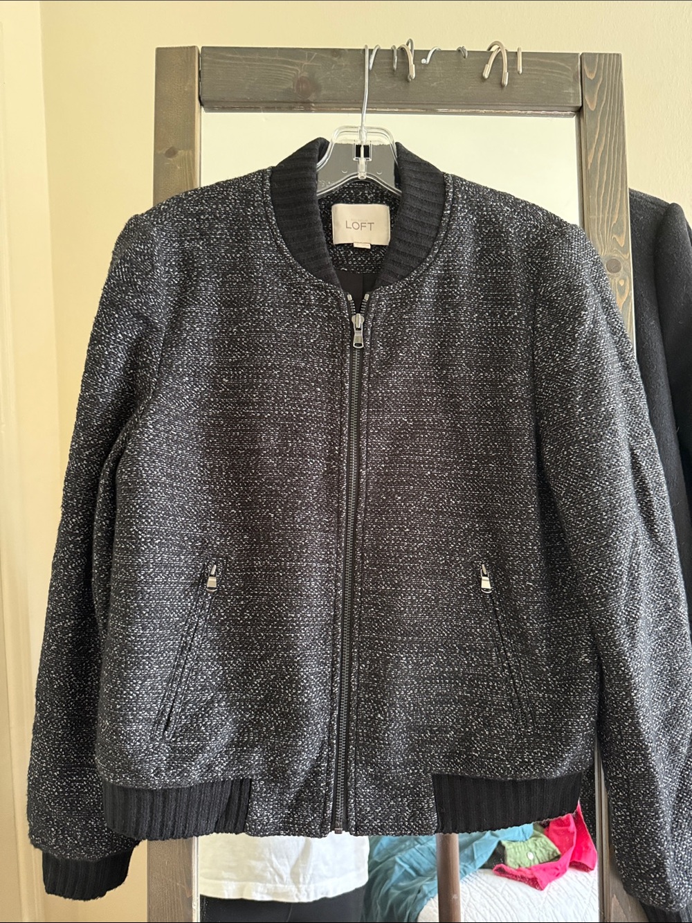 LOFT Black Speckled Tweed Bomber Jacket